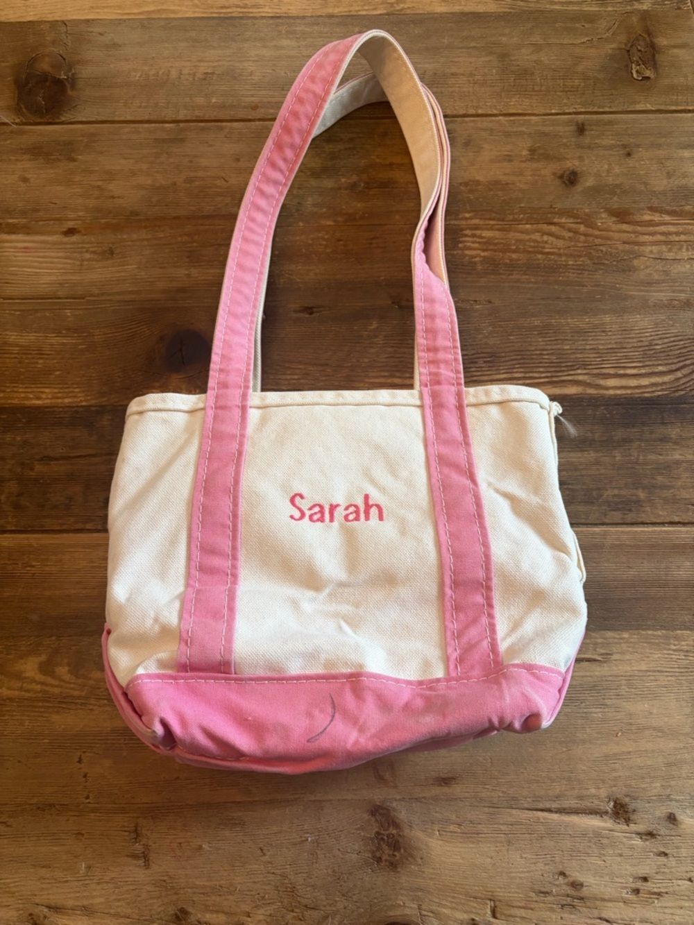 L.L. Bean Boat & Tote Small Long Handle Pink Trim Personalized Sarah Preppy